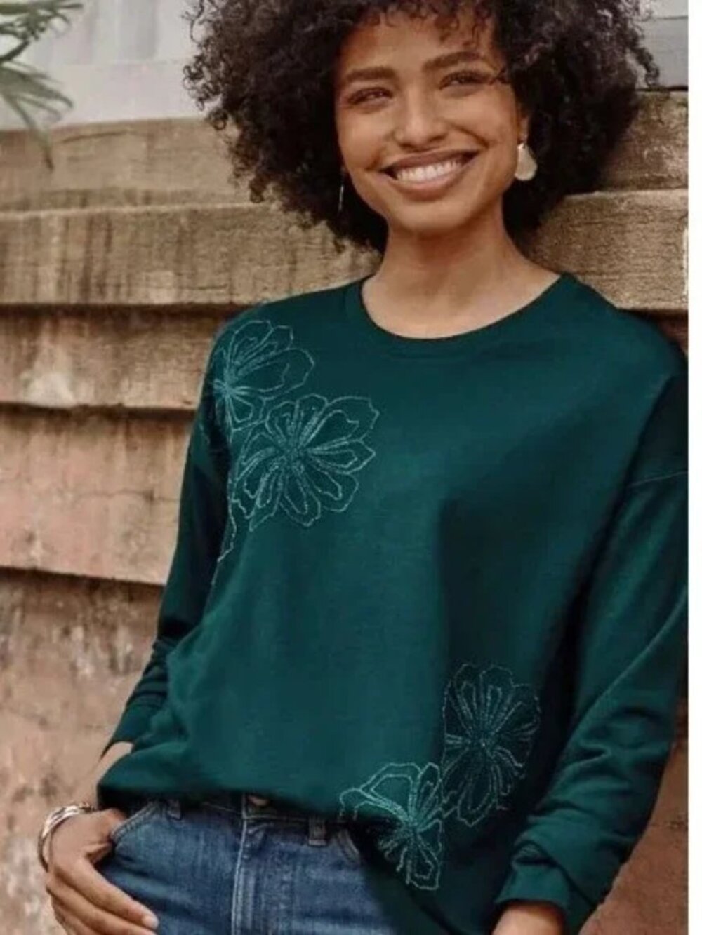 J. Jill Floral Embroidered Sweatshirt Women's Size Small Dark Teal Cotton Tencel